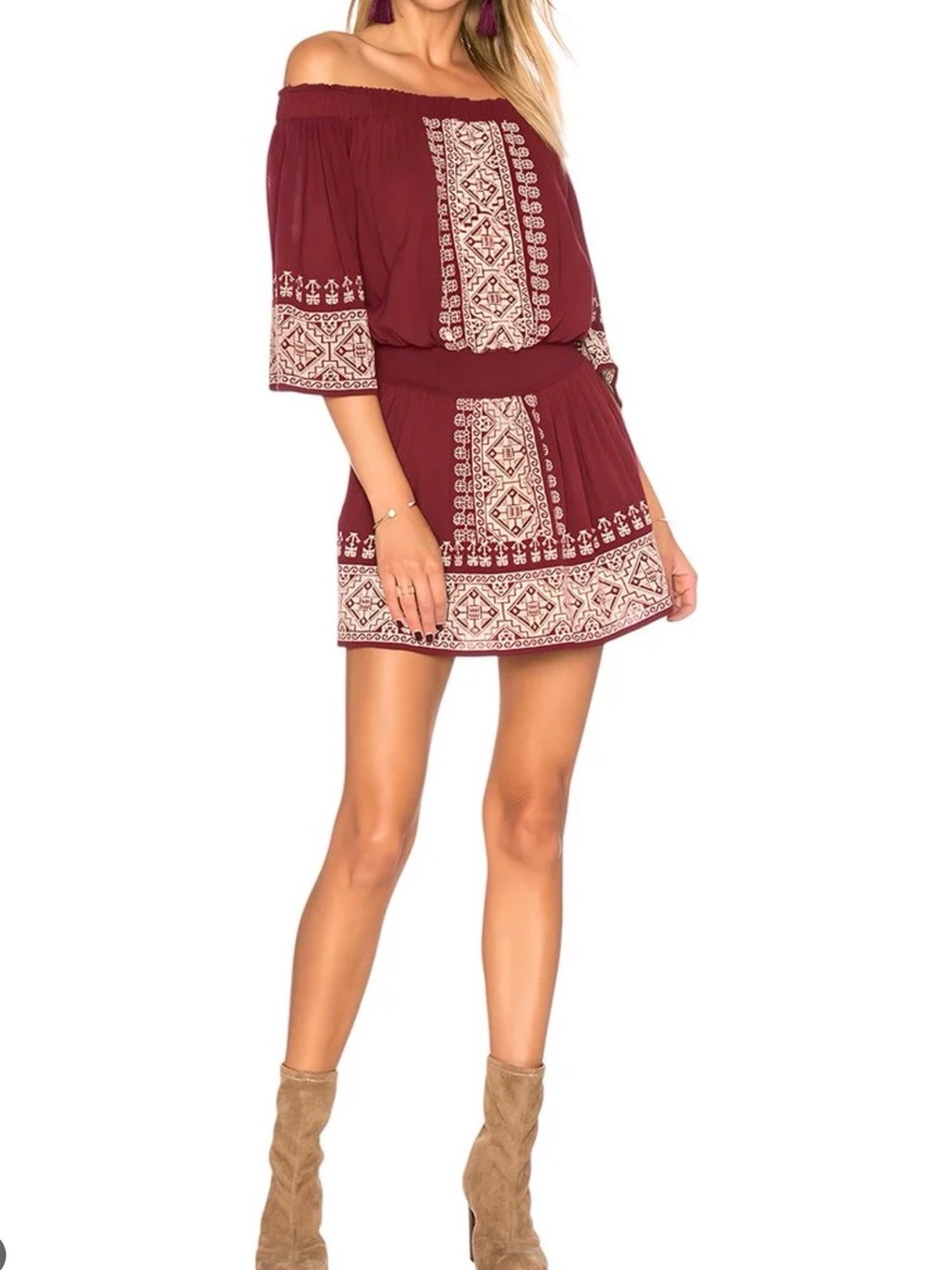 Tularosa /Revolve Wine Off-Shoulder Embroidered Mini Dress